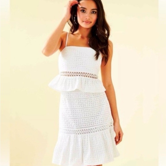 Lilly Pulitzer White 2 piece Lace Peplum top with matching skirt - Picture 1 of 6